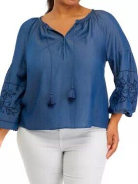 Crown & Ivy Indigo Peasant Top with Tassel Accents | XL